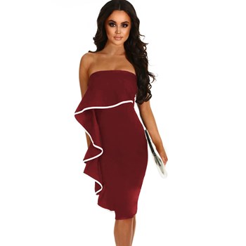 A605-2113 Rochie midi, fara bretele, accesorizata cu volane