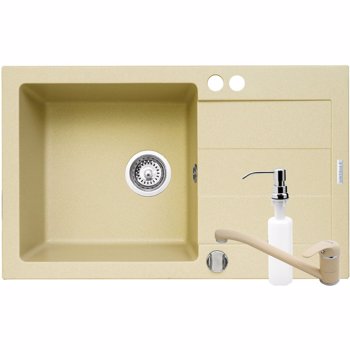 Set 3 in 1 Chiuveta granit Cristal Plus 1B 1D ST + Baterie + Dozator Pyramis Crem
