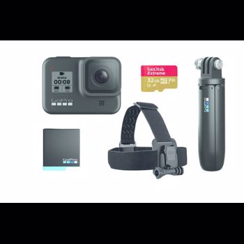 Nou! Camera Video de Actiune GoPro HERO8 Black Edition, Filmare 4K60, 12MP, Waterproof, GPS, Wi-Fi + card microSDHC 32GB, sistem prindere pe cap, baterie, suport (Negru)