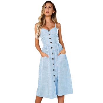 L609-22 Rochie midi de vara cu model dungi, bretele si buzunare