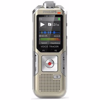 Reportofon digital Philips DVT6510, 8 GB, FM, sensor miscare, slot MicroSD, LCD, 3 microfoane, telecomanda wireless, plug & play, carcasa din metal, adaptor XLR (Auriu/Gri)