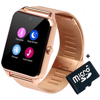 Ceas Smartwatch cu Telefon iUni GT08s Plus, Curea Metalica, Touchscreen, Camera, Gold + Card MicroSD 4GB