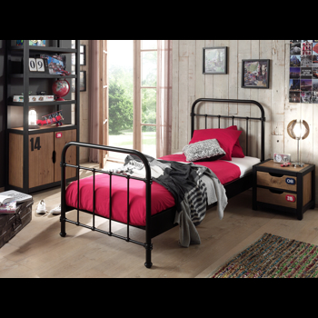 Set Mobila dormitor din lemn de pin si MDF cu pat metalic, pentru copii 3 piese New York Negru / Natural, 200 x 90 cm