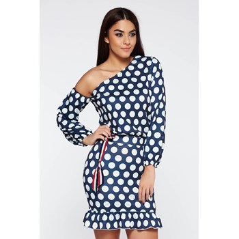 Rochie Ocassion albastra-inchis de zi din bumbac elastic cu volanase la baza rochiei