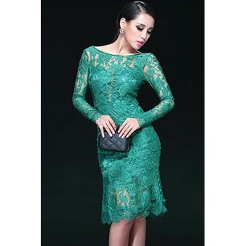 L345-12 Rochie eleganta medie, cu maneci lungi din dantela si spatele gol