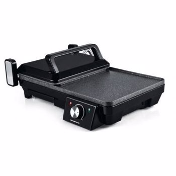 Grill electric 2 in 1 Heinner HEG-F20002P, 2000W, Invelis marmura anti-adeziv, Placa mobila cu deschidere 180º, Temperatura reglabila 150ºC – 210ºC, Negru