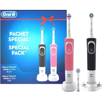 Set 2 x Periuta de dinti electrica adulti Oral-B Vitality D100, 3 capete, Roz/Negru