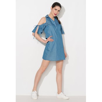 Rochie albastra de chambray cu decupaje pe umeri