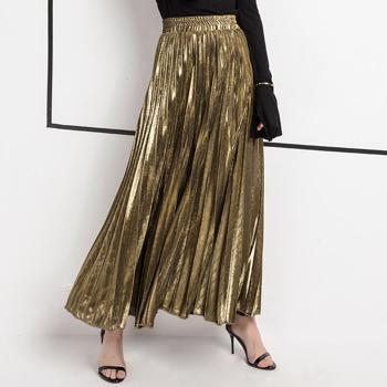 Fusta lunga, moderna, culoare metalizata, plisata, slim, cu talie elastica, fusta maxi