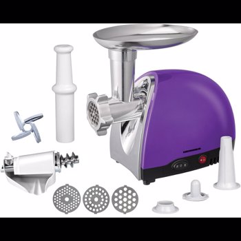 Masina de tocat Heinner MG1600TA-UV, 1600 W, accesoriu rosii si carnati, 3 site de taiere, cutit inox, Violet