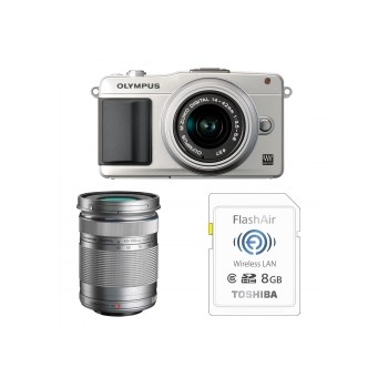 Aparat foto Mirrorless Olympus E-PM2 argintiu + Obiectiv M.ZUIKO Digital 14-42mm f/3.5-5.6 II R + Obiectiv M.ZUIKO Digital ED 40-150 mm f/4.0-5.6 R