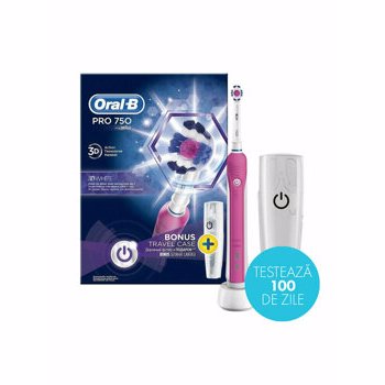 Periuta electrica Oral B PRO 750 3D White Pink Edition + suport de calatorie
