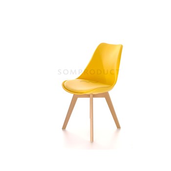 Scaun din plastic cu picioare din lemn si sezut tapitat cu piele ecologica Sven Yellow, l46xA43xH80 cm