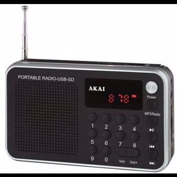 Radio portabil AKAI DR002A-521B , cu USB slot , SD/MMC/TF card slot ,antena FM telescopica , baterie reincarcabila , functie ceas alarma