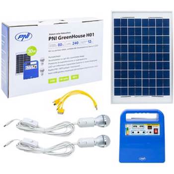 Sistem solar fotovoltaic PNI GreenHouse H01, 30W, USB/Radio/MP3, cu acumulator 12V/7Ah, 2 becuri LED