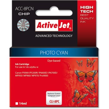 Consumabil ActiveJet Cartus compatibil Canon CLI-8PC Photo Cyan cu cip marca (14 ml)