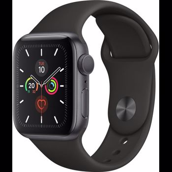 Smartwatch Apple Watch 5, LTPO OLED Capacitive touchscreen 1.78", Bluetooth, Wi-Fi, Bratara Silicon 44mm, Carcasa Aluminiu, Rezistent la apa si praf (Negru)