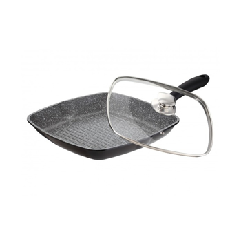 Tigaie Grill Zillinger cu interior din Granit si Capac Sticla, 28 cm, patrata