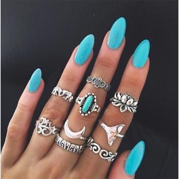 Set de 9 inele vintage, pentru incheieturile degetelor, modern, cu diverse pietre si forme, culoarea argintului, inele boho din gama bijuteriilor pentru femei
