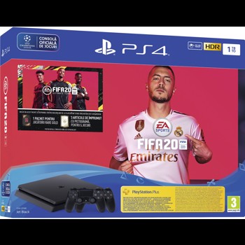Consola SONY PlayStation 4 Slim, 1TB, Jet Black + extra controller DualShock 4 + Joc FIFA20 + PSPlus 14zile + voucher FIFA Ultimate Team