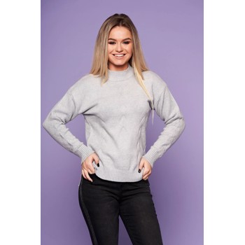 Pulover SunShine gri casual cu croi larg din material tricotat cu maneca lunga