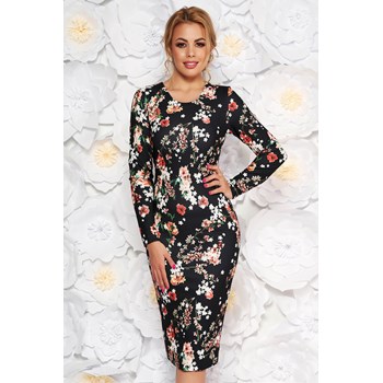 Rochie StarShinerS neagra de zi midi cu un croi mulat din material usor elastic cu imprimeu floral