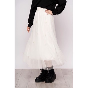 Fusta SunShine alba midi casual din tul cu talie inalta si aplicatii cu perle