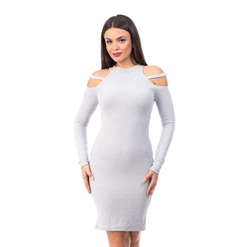 P695-181 Rochie simpla cu umerii decupati si margele