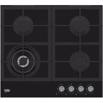 Plita incorporabila Beko HILW64225S, Gaz, 60 cm, 4 arzatoare, Wok, Gratare din fonta, Aprindere electronica, Sticla neagra