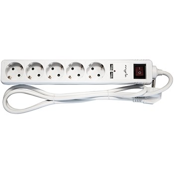 Prelungitor MYRIA MY2318, 5 prize Schuko, 1.5m, H05VV-F 3G1.5mm, intrerupator, 2x USB, alb