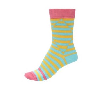 Sosete unisex cu dungi turcoaz - galbene si detalii roz Optic Two de la Ballonet Socks
