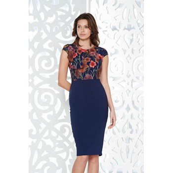 Rochie StarShinerS albastra office tip creion din material elastic si fin captusita pe interior