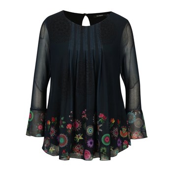Bluza bleumarin cu print floral si maneci clopot Desigual Chruse