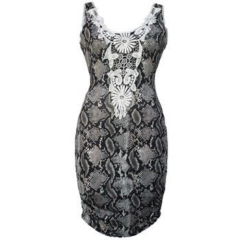B409-18 Rochie scurta cu broderie si imprimeu sarpe
