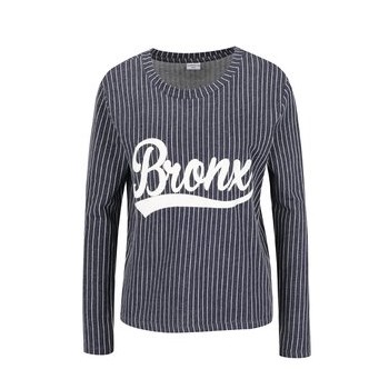 Bluza bleumarin Jacqueline de Yong Dream cu text print si model in dungi verticale