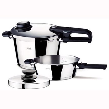 Set oala + tigaie (cratita) sub presiune Fissler VitaVit Premium, capacitate 4.5 + 2.5 Litri, diametru 22 cm, accesoriu aburi, inductie