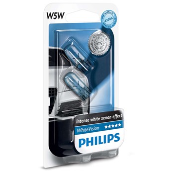 Bec auto halogen PHILIPS W5W white vision, 12V, 5W, W2.1*9.5D T10, blister, 2 bucati