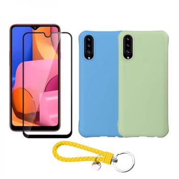Set protectie 3 in 1 pentru Samsung Galaxy A50/A50s cu 2 huse din silicon moale antisoc folie sticla ceramica fullsize si breloc cadou albastru-verde