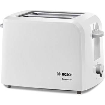 Prajitor de paine Bosch TAT3A011, 980 W, 2 felii, senzor electronic pentru prajire uniforma, 6 trepte putere, alb, suport chifle