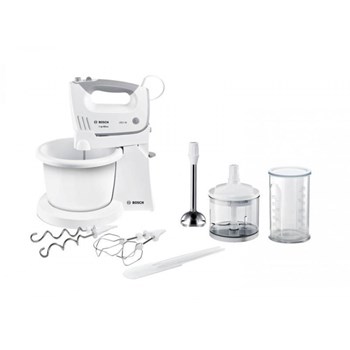 Mixer cu bol Bosch Ergomixx MFQ36490, 450 W, 5 trepte de viteza+turbo, 2 spirale, 2 teluri, Minitocator, Vas gradat, Picior blender Alb/Gri