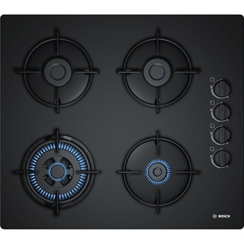 Plita gaz incorporabila Bosch POH6B6B10 Serie 2, 60cm, 4 arzatoare, sticla neagra
