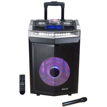 Boxa Audio Portabila Akai DJ-6112BT cu DJ mixer, activa, Bluetooth, dual USB, radio, microfon wireless, telecomanda si mufa intrare chitara, 120W (Negru)