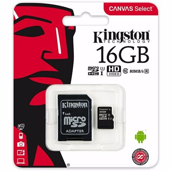 Card de memorie Kingston MicroSDHC Canvas Select, 16GB, 80R, Class 10, UHS-I + Adaptor