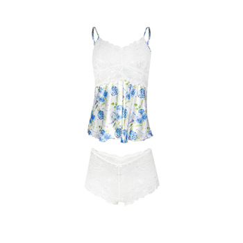 Compleu de noapte Flowers satinat, albastru